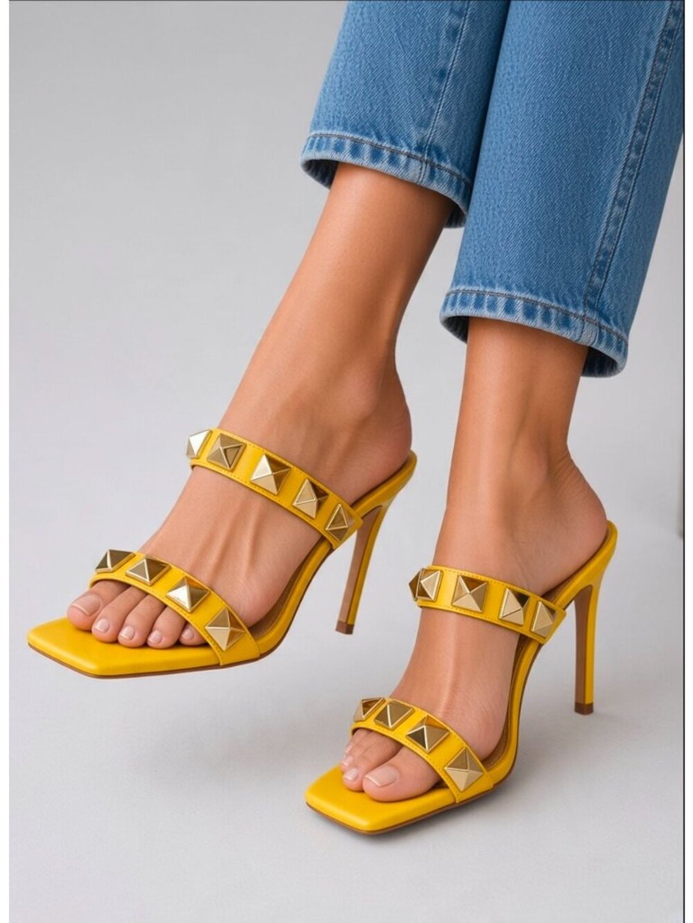 Yellow Gold Studded Double Strap Square Toe Stiletto Heel Mule Sandals